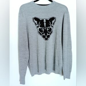 MR. TURK Men's 100% Merino Wool Gray Sweater with Black Panther Size Large